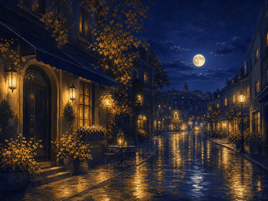 満月の夜、街あかりが灯る石畳の通り